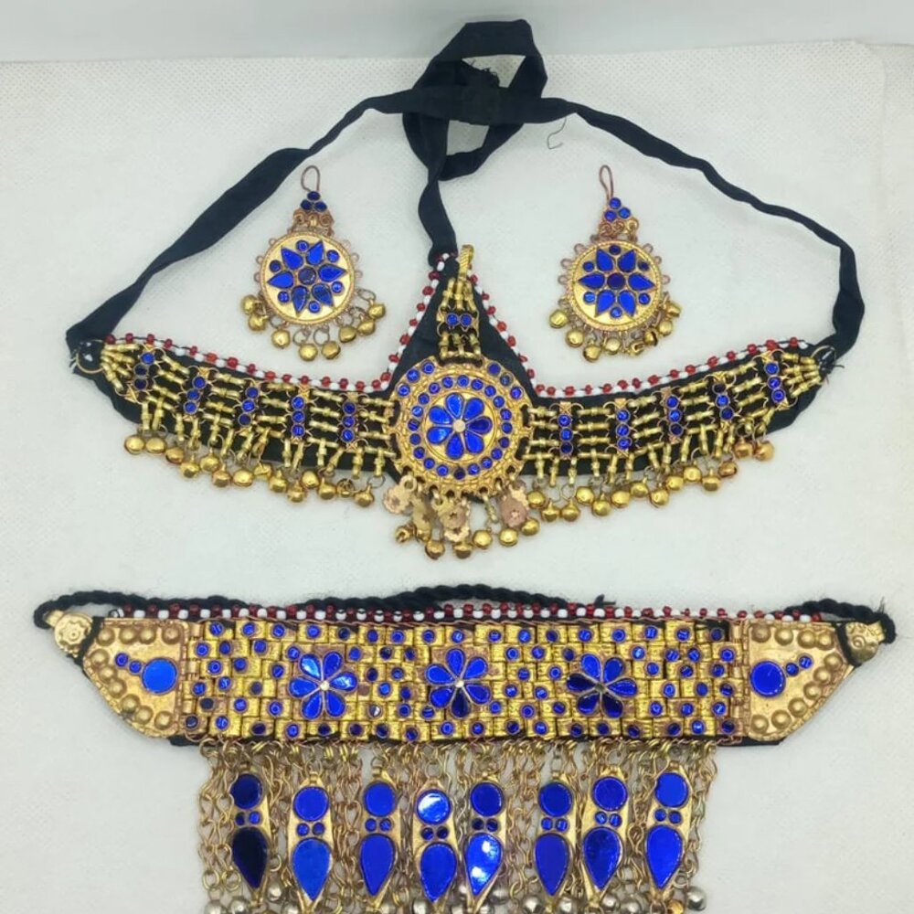 Golden Tone Afghan Jewelry Set: Handmade Tribal Necklace, Head Piece, Earrings - Picture 2 of 8